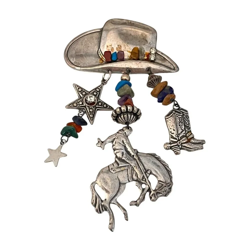 Vintage 1980s Cowboy Rodeo Brooch Dangle Hat Horse Boots Silver Tone - 1F